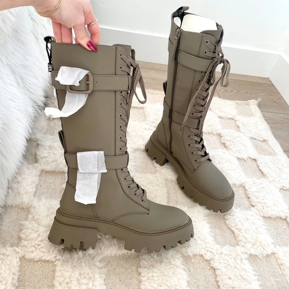 ZARA WAX FINISH LACE UP BOOTS MILITARY GREEN - Picture 12 of 16